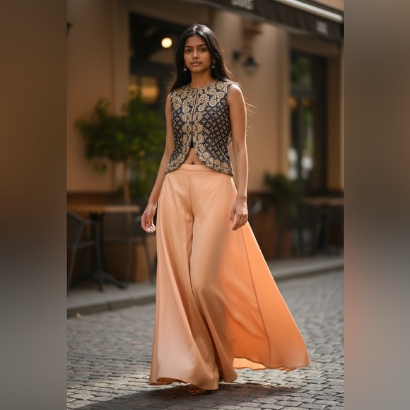 Indian Kalki Exclusive Designer Gota Pati Jacket & Silk Cowl Pant Set - Picture 2 of 6